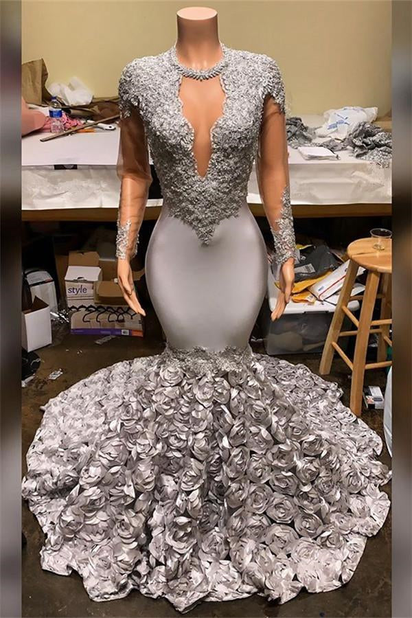 Elegant Long Sleeves Mermaid V-Neck Prom Dress with Flowers Bottom