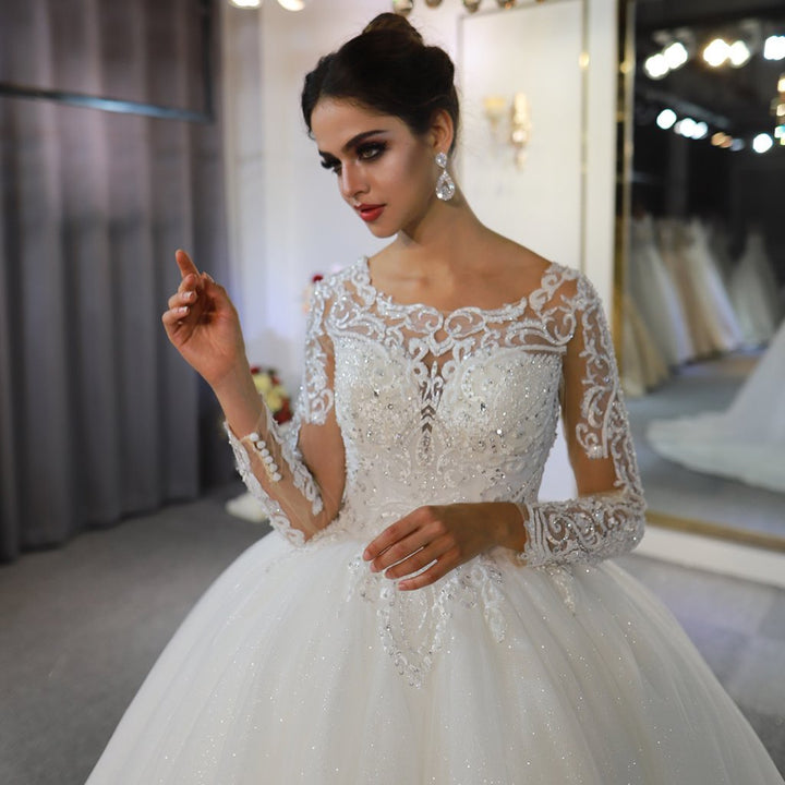 Bmbride A-Line Bateau Long Sleeve Appliques Lace Sequins Floor-length Wedding Dress