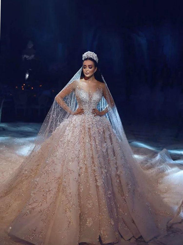 Bmbride Elegant Long-Sleeve V-Neck Royal Ball Gown Wedding Dresses