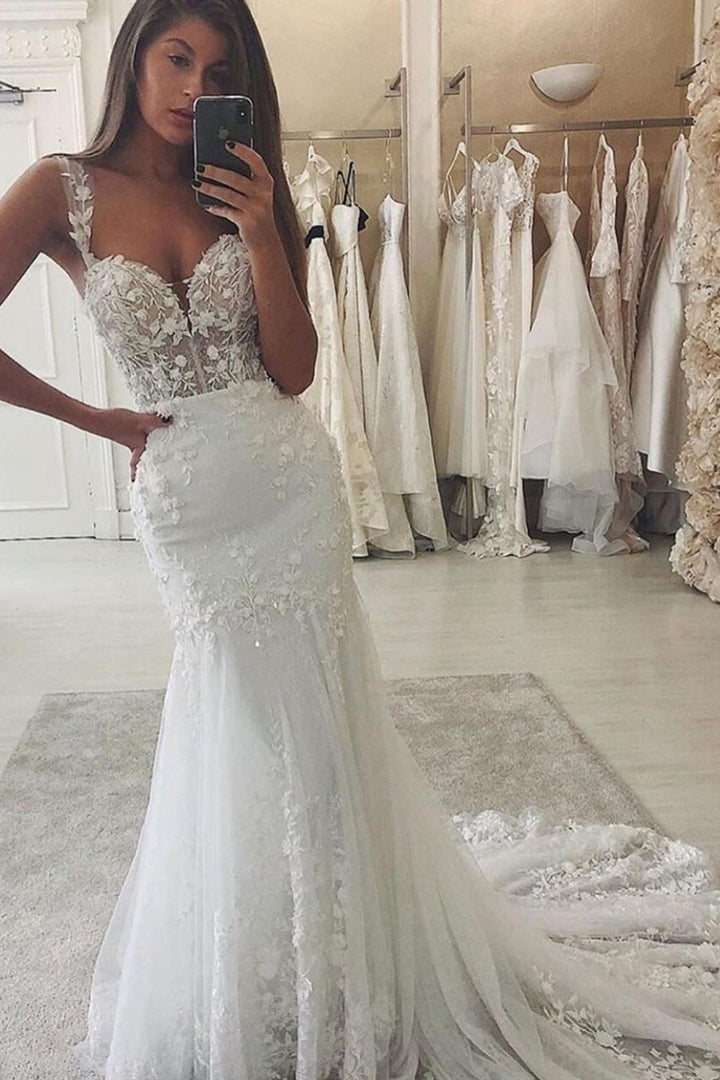 Bmbride Mermaid Wedding Dress with Sweetheart Neckline Spaghetti Straps Tulle Appliques and Lace