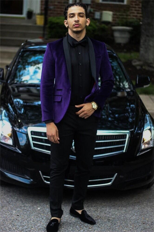Koscy Elegant Purple Velvet Two-Piece Wedding Suit with Black Lapel