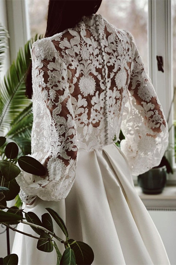 Bmbride A-line High Neck Satin Lace Wedding Dress with Pockets