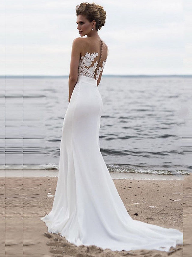 Bmbride Mermaid Trumpet Wedding Dresses Jewel Neck Chapel Train Chiffon Lace Regular Straps Modern See-Through