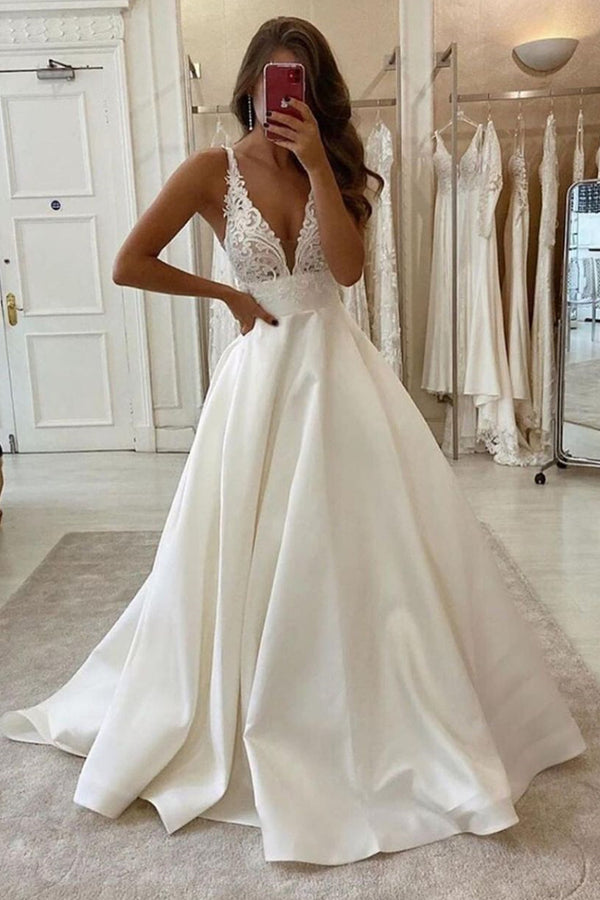 Bmbride V-neck Spaghetti Straps A-Line Backless Wedding Dress With Pockets