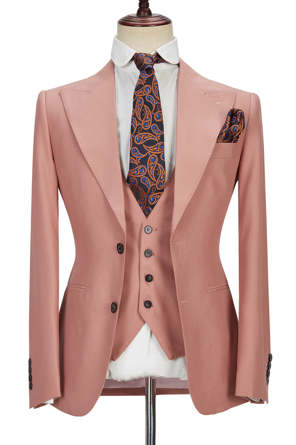 Koscy Pink Three-Piece Marriage Suit with Two Buttons and Peak Lapel for Men