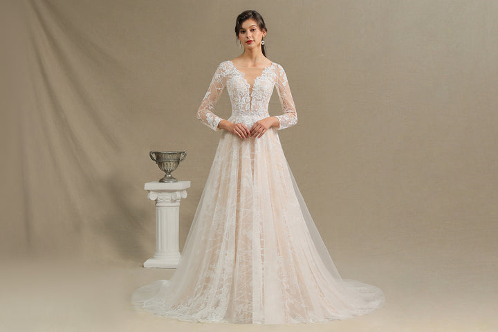 Bmbride Sheer Tulle Long Sleeve A-line Illusion Lace Wedding Dress - CPH230