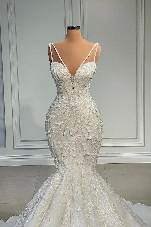 Bmbride Modest Long Mermaid V-neck Lace Wedding Dresses with Beads