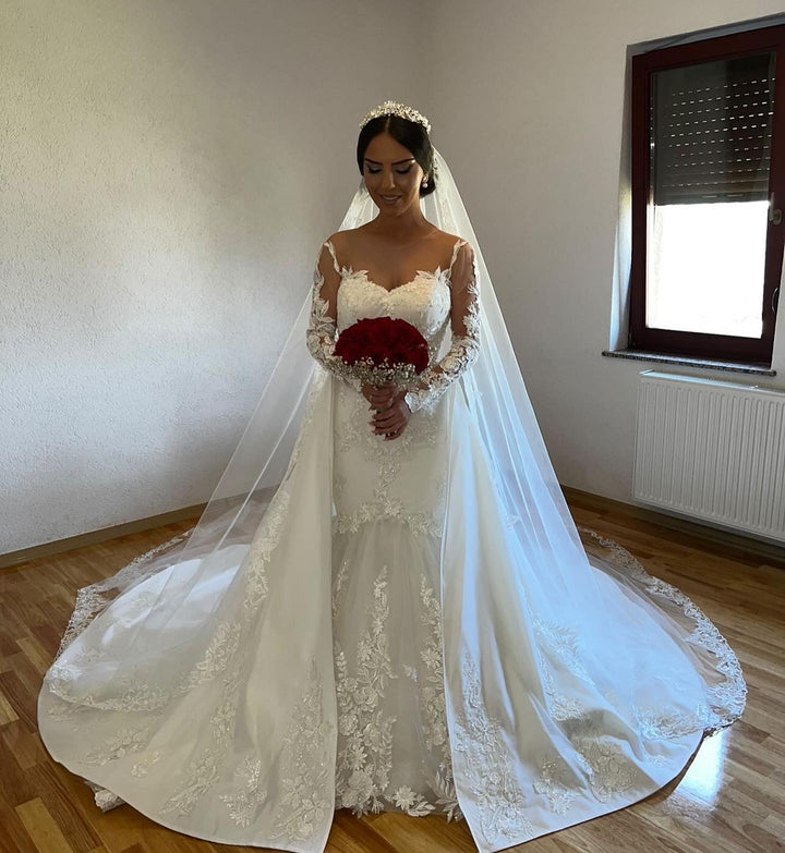 Bmbride White Long Mermaid Jewel Tulle Lace Wedding Dress with Sweep Train