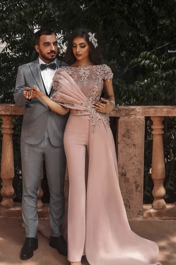 Koscy Elegant Pearl Pink Applique Embroidery Pleated Jump Suit