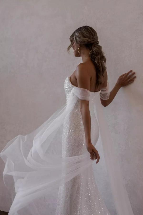 Bmbride Sparkly Long Mermaid Off-the-Shoulder Sequins Ruched Wedding Dress with Slit