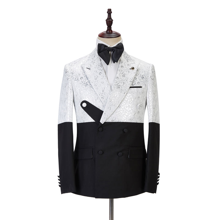 Koscy Handsome Black and White Jacquard Marriage Blazer Suit with Peaked Lapel