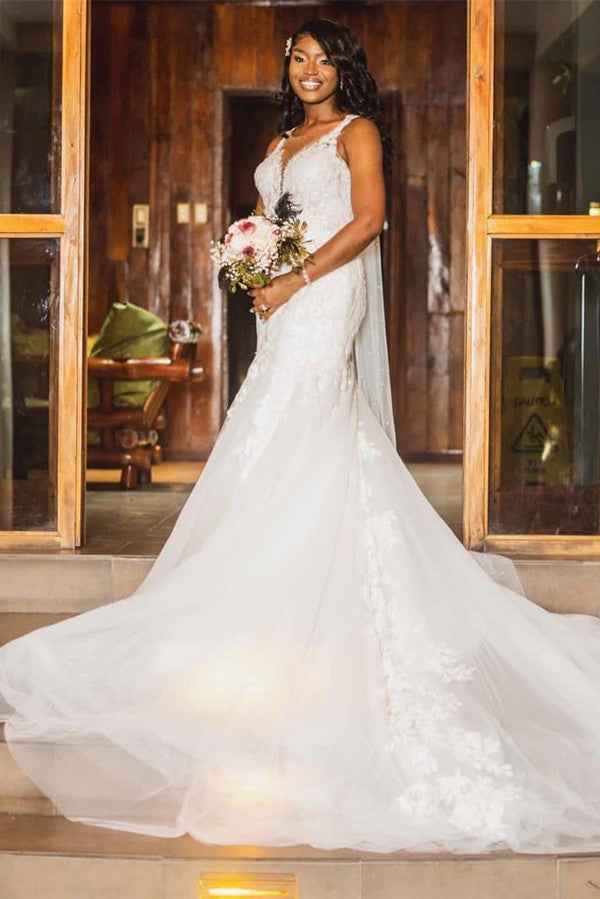 Bmbride Sweetheart Straps Chapel Train A-Line Tulle Wedding Dress