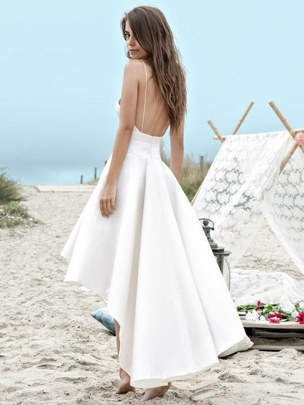 Bmbride V-neck Spaghetti Straps A-Line High Low Wedding Dress With Pockets