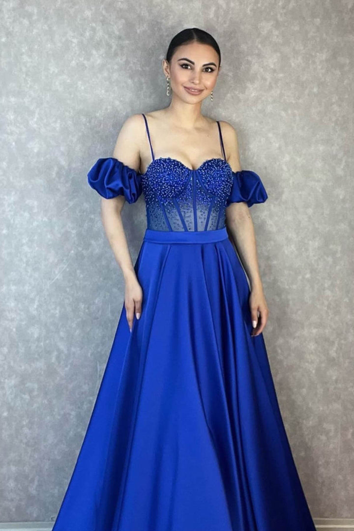 Off-The-Shoulder Spaghetti-Straps Evening Dress With Beadings