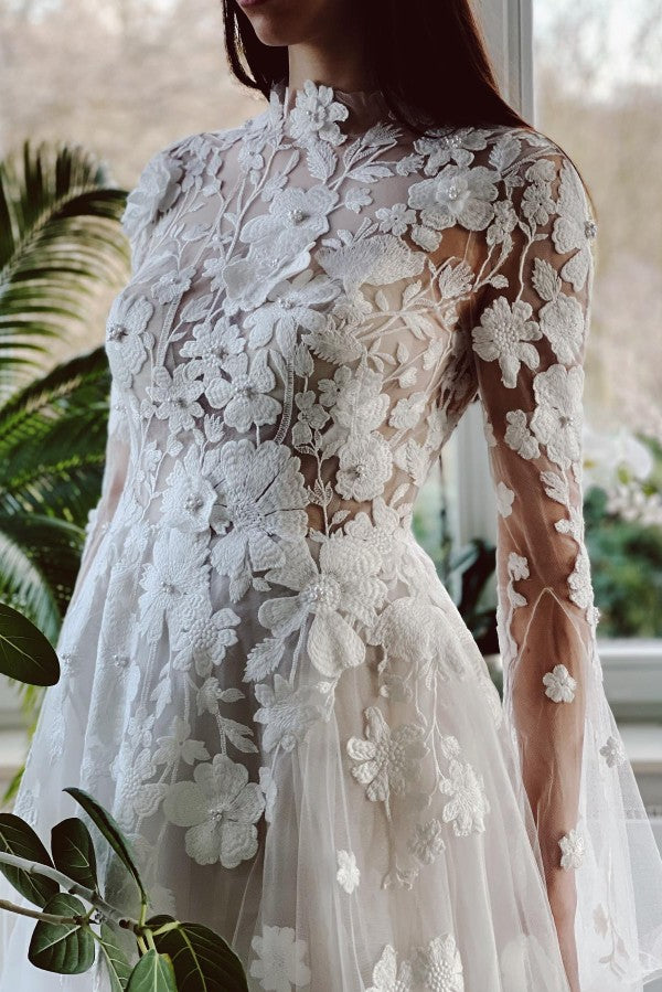 Bmbride Long A-line High Neck Tulle Lace Wedding Dresses with Sleeves