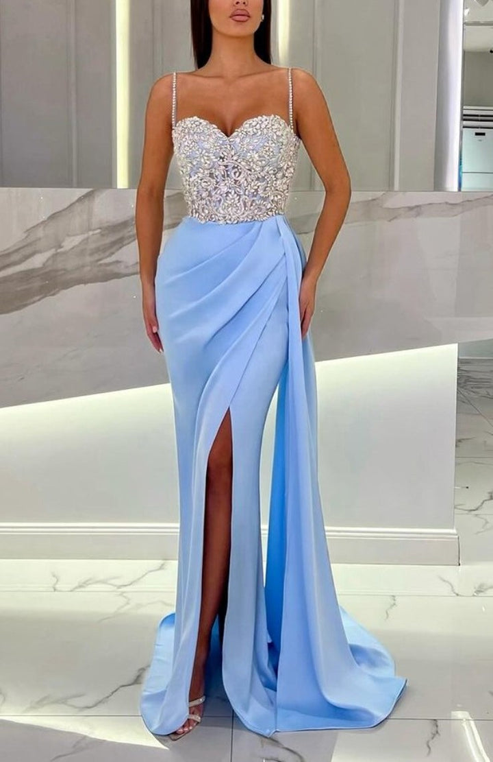 Baby Blue Prom Dress with High Slit Spaghetti Straps Sweetheart Appliq Baby Blue Prom Dress with High Slit Spaghetti Straps Sweetheart Appliq