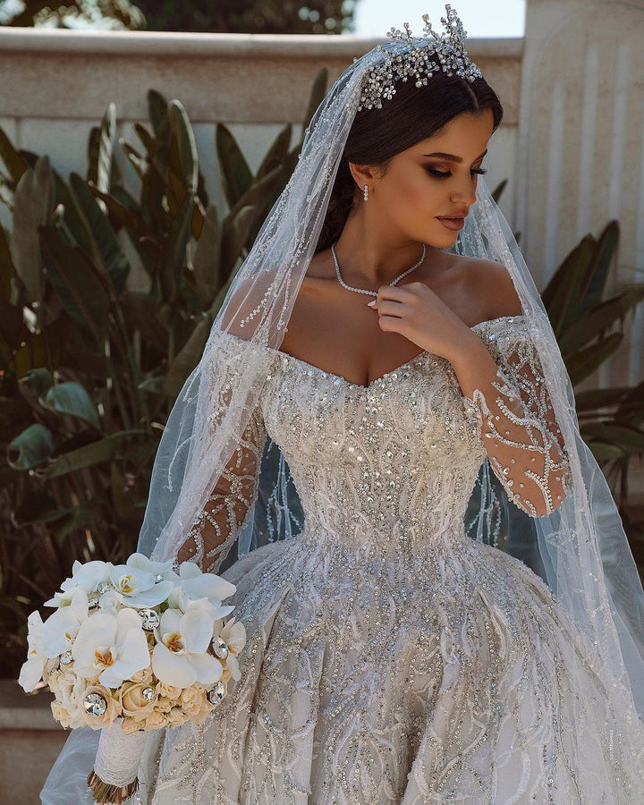 Bmbride Exquisite Sequin Long Sleeve Satin Ball Gown Bridal Dress
