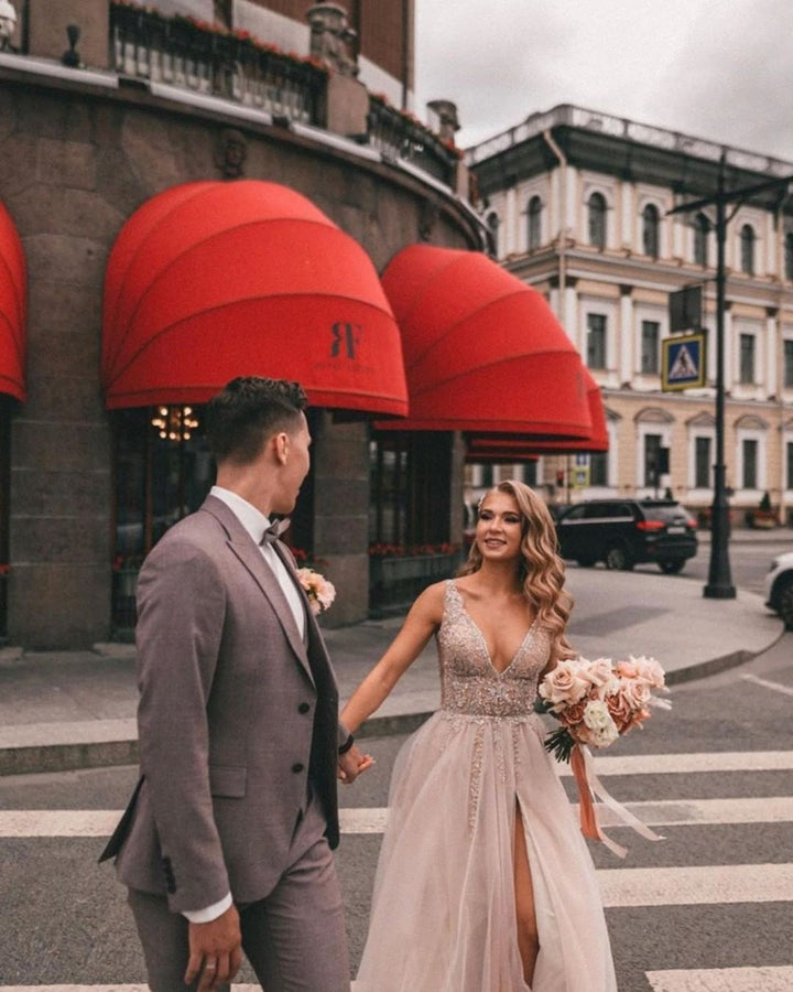 Bmbride Long A-line V-neck Tulle Appliques Lace Wedding Dress with Slit Boho Style