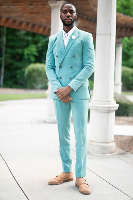 Koscy Sky Blue Peaked Lapel Homecoming Suit with Double-Breasted Design for Boys