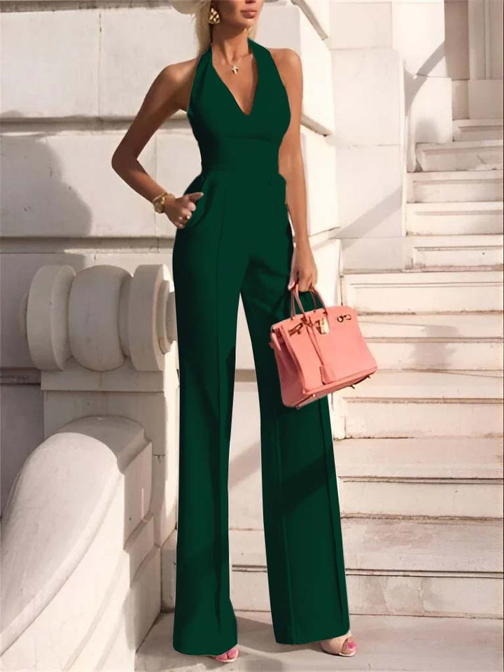 Koscy White Slim Fit Halter V-Neck Jumpsuit High-Waist Daily Women's Jump Suit