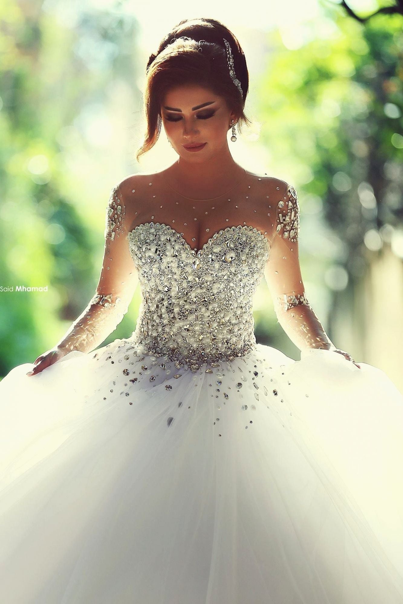 Ball Gown Wedding Dress with Long Sleeves Crystals and Beading