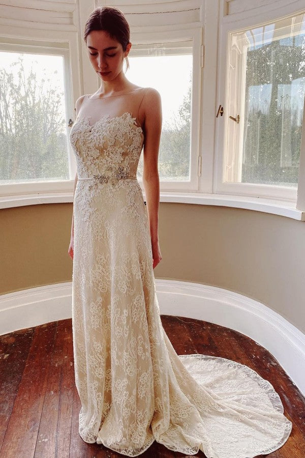 Bateau Appliques Lace Floor-length Mermaid Wedding Dress With Pearl Sa