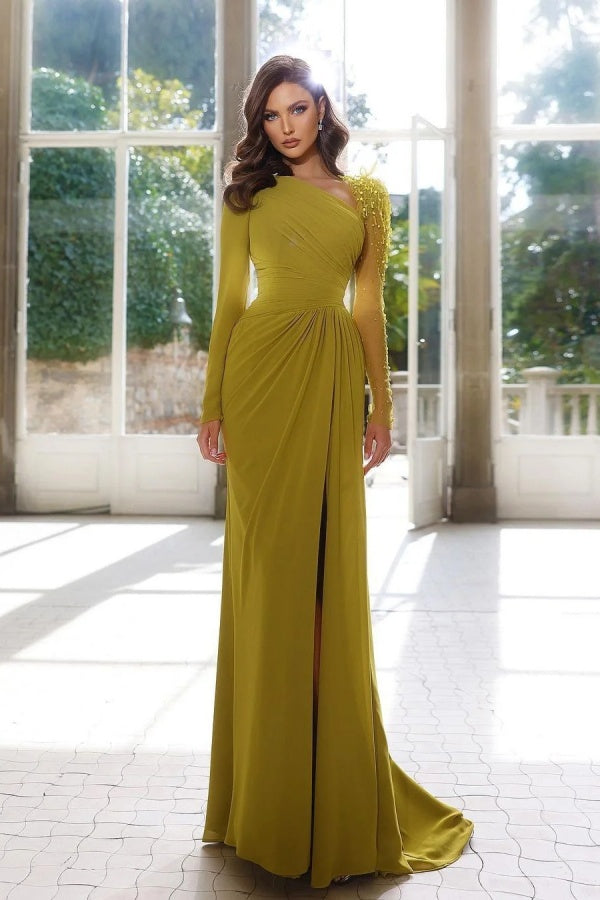 Yellow Prom Dress with Asymmetric Pleated Slit and Long Sleeves