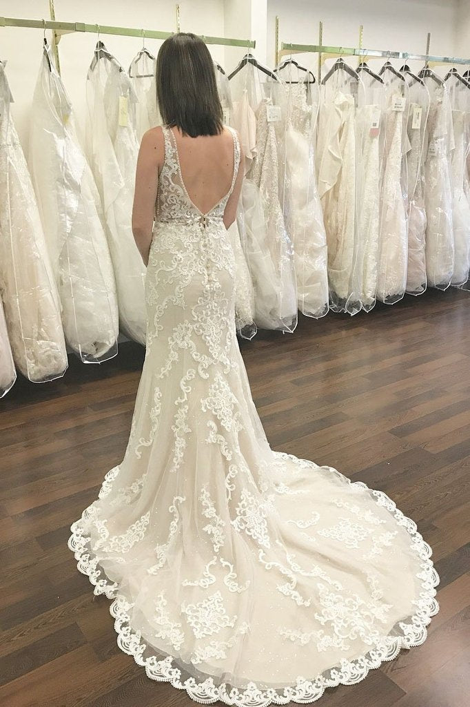 Bmbride Deep V-neck Wide Straps Lace Open Back Mermaid Wedding Dress