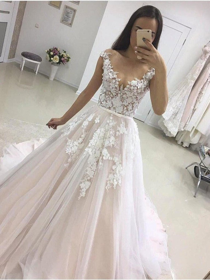 Bmbride Princess Wedding Dress: A-line Sweetheart Tulle Lace Long and Gorgeous