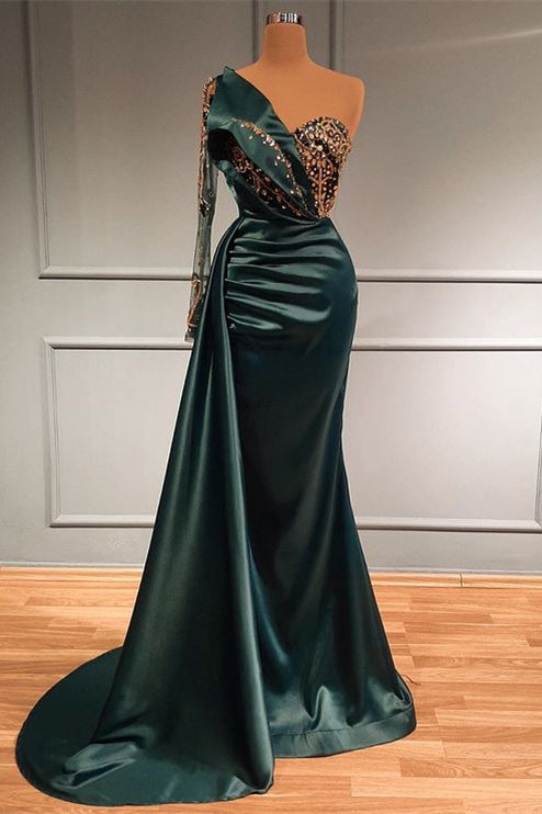 Elegant Dark Green Mermaid Evening Dress with Beads Long Lace Sleeves and Appliques