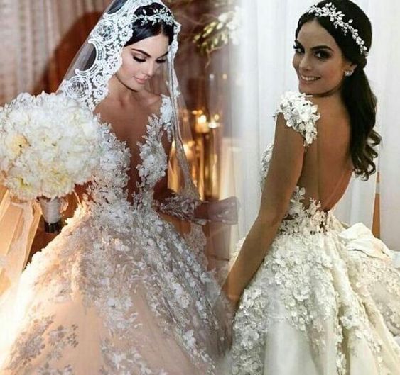 Bmbride Bateau Long Sleeve Appliques Lace Backless Ruffles Floor-length Princess Wedding Dress