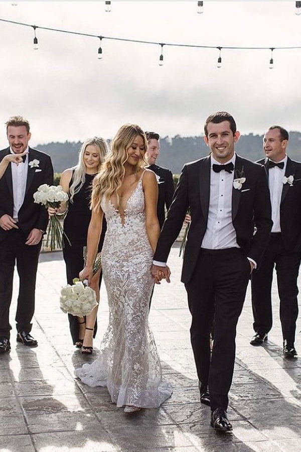Bmbride Mermaid Spaghetti Straps Lace V-neck Jewel Wedding Dress