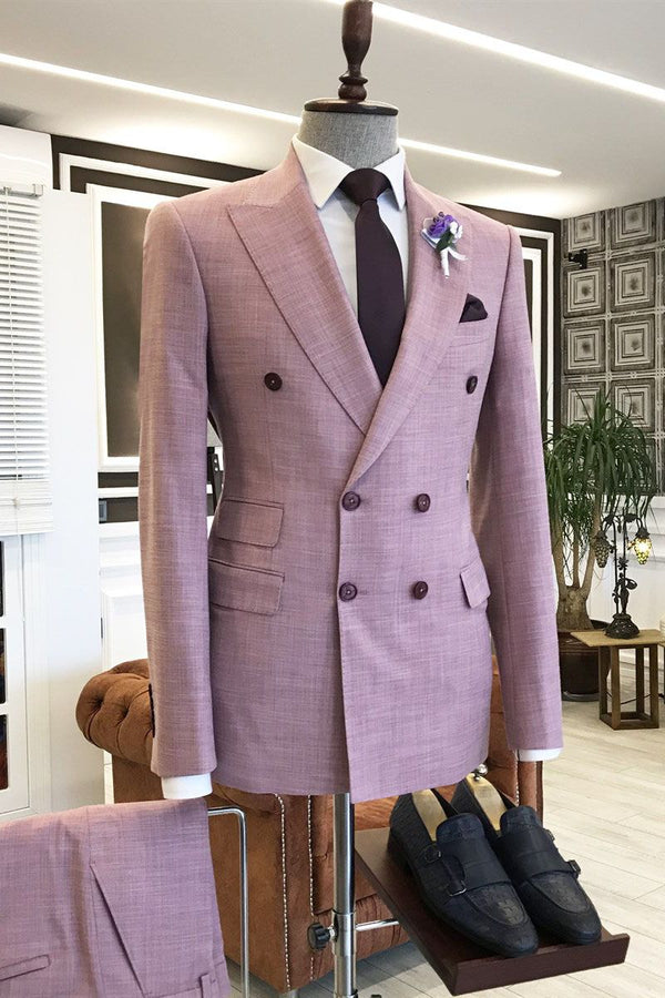 Koscy Fashionable Pink Double-Breasted Wedding Suit with Peaked Lapel and Three Flaps