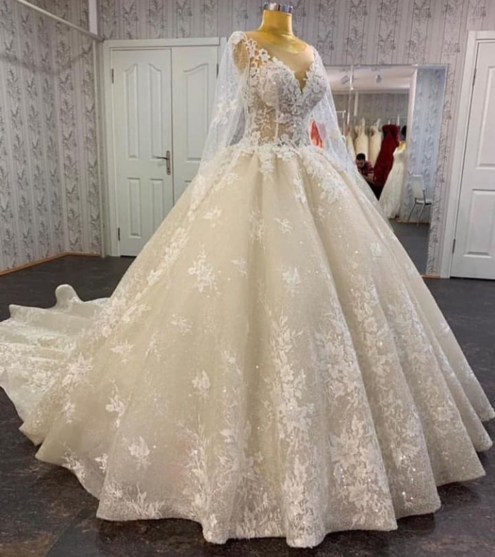 Bmbride Vintage A-line Bateau Wedding Dress with Appliques Lace Sequins and Tulle Floor-length