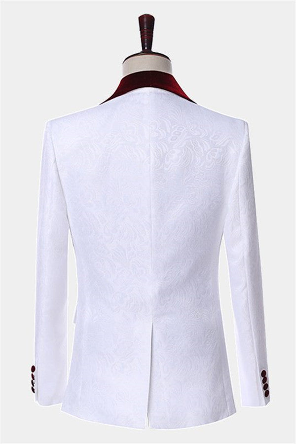 Koscy Burgundy Jacquard Wedding Suit - White Jacquard for Groom 2024, Online