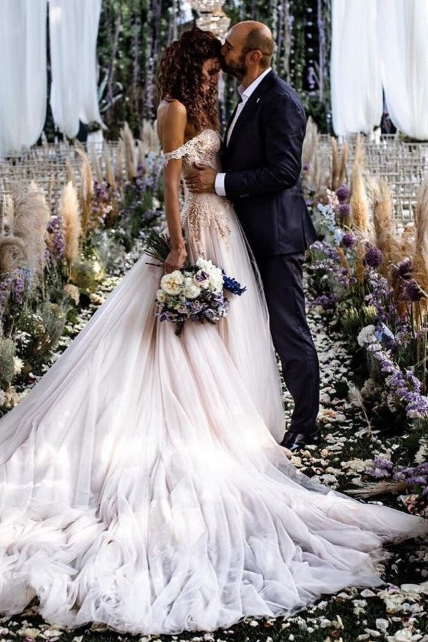 Bmbride Vintage Long A-line Off-the-shoulder Lace Tulle Wedding Dress