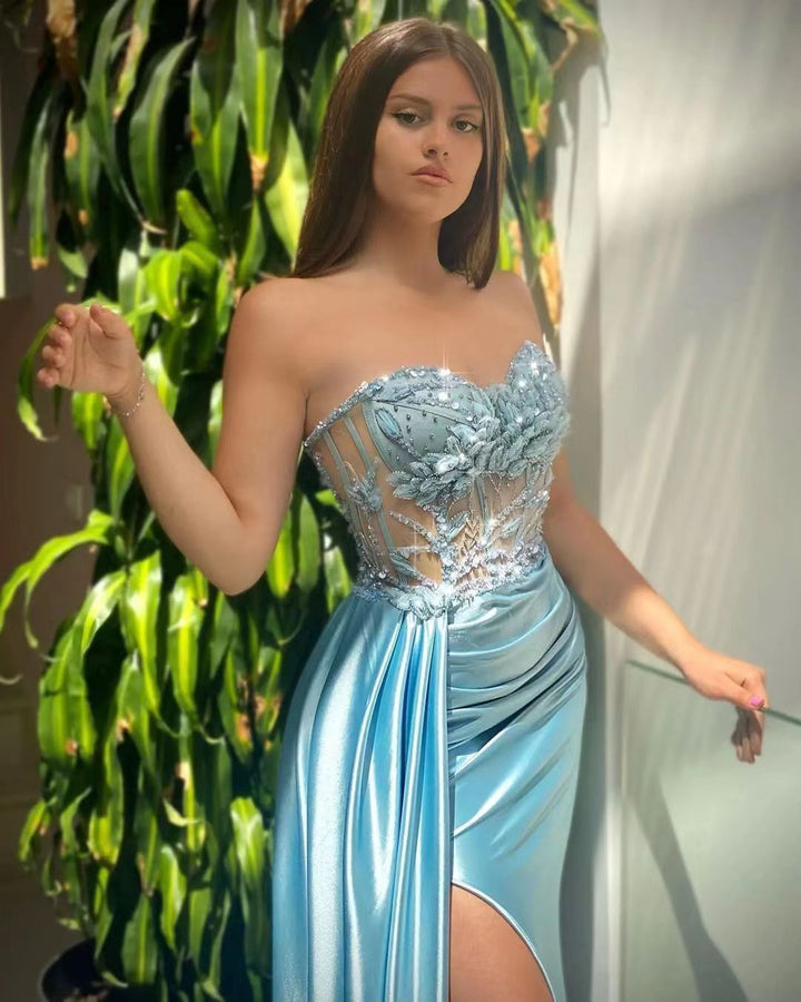 Sweetheart Sleeveless Beads Mermaid Evening Dress in Sky Blue Satin Ruffle With Slit