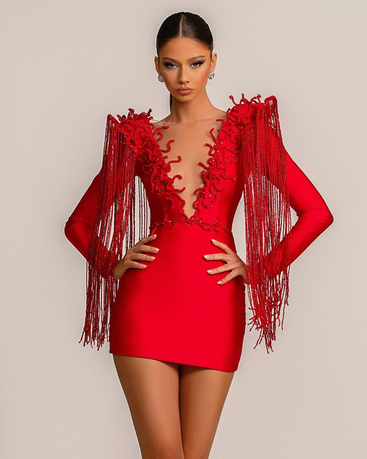Short Red V Neck Tassel Evening Dress with Sexy Long Sleeves