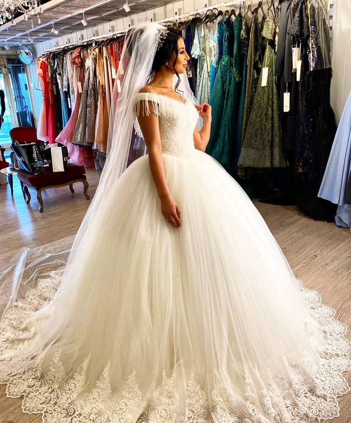 Bmbride Off-the-shoulder Beading Backless Tulle Floor-length Princess Wedding Dress With Tassel