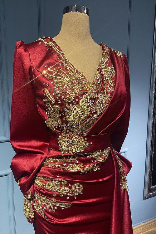 Burgundy Mermaid Evening Dress with Long Sleeves Beads Ruffles and Appliques