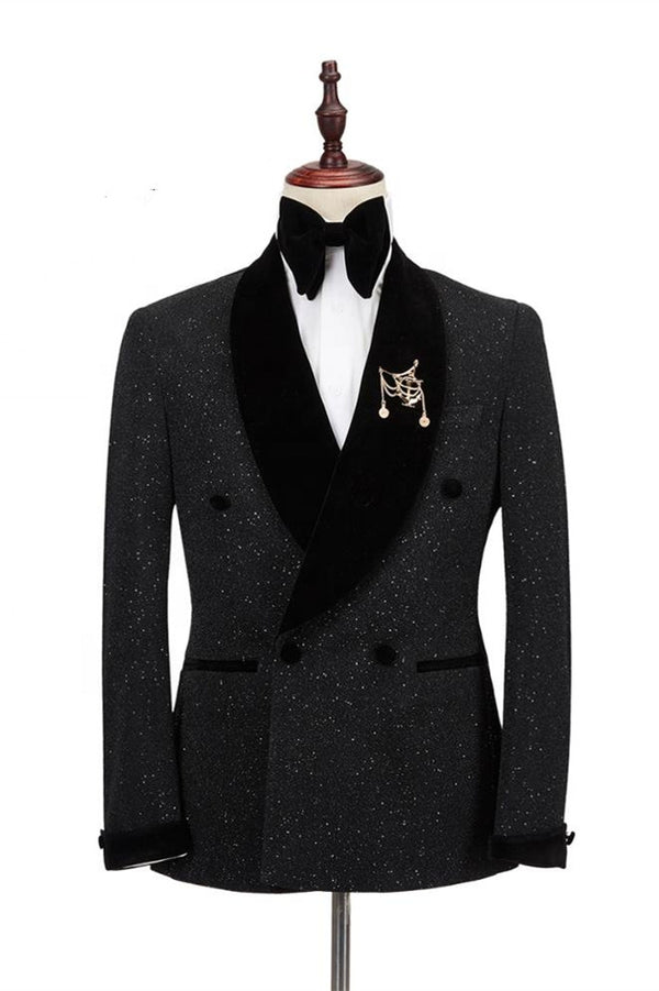 Koscy Edward Double-Breasted Black Wedding Suit with Sparkling Shawl Lapel