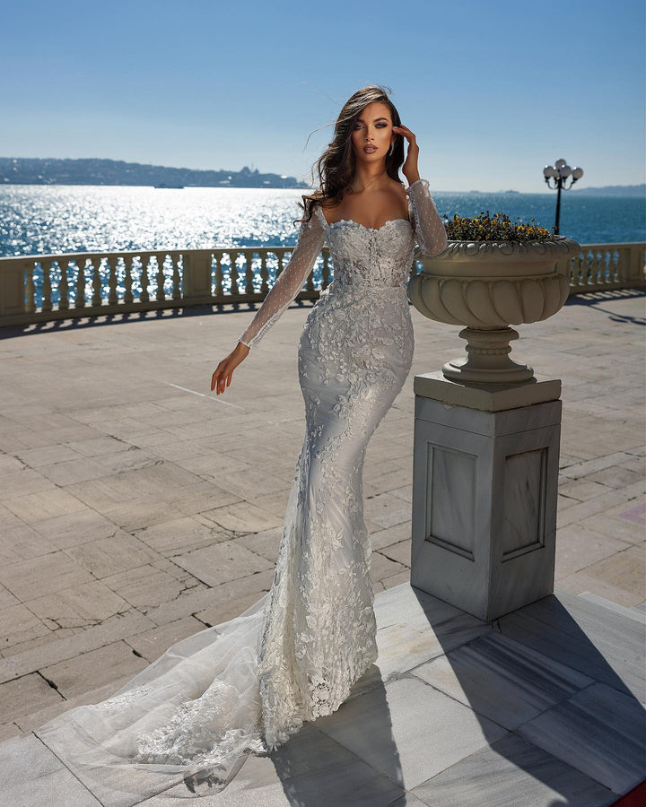 Bmbride Sweetheart Long Sleeve Lace Mermaid Wedding Dress With Detachable Train