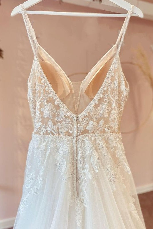 Bmbride MT077 Modest Long A-line V-neck Spaghetti Straps Tulle Wedding Dress with Appliques Lace