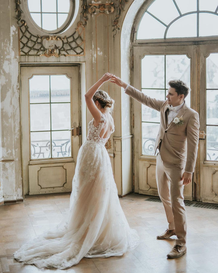 Bmbride Long A-line Boho Wedding Dress with Tulle and Lace Appliques