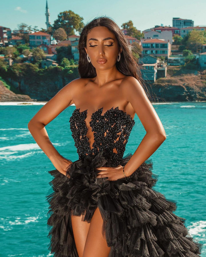 Bmbride High Low Sweetheart Tulle Formal Evening Dresses in Black
