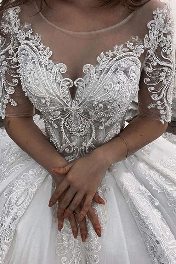 Bmbride Short Sleeve Appliques Sheer Tulle Ball Gown Wedding Dress