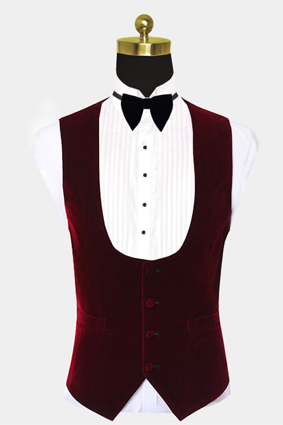 Koscy Shining Burgundy Velvet Prom Suit for Men with White Jacquard Lapel