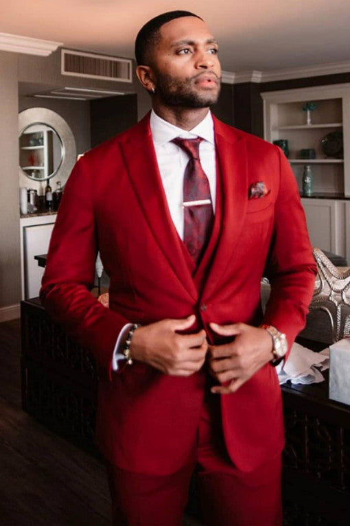 Koscy Red Three-Piece Velvet Wedding Suit with Peaked Lapel