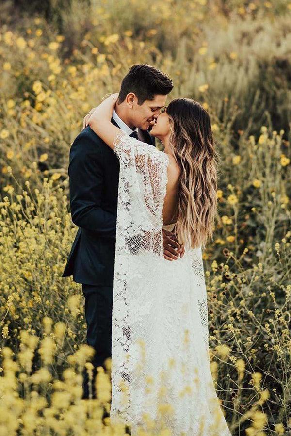 Beach Ivory Wedding Dress with Batwing Sleeves and Rustic Lace Back