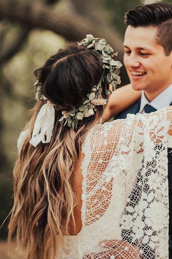 Beach Ivory Wedding Dress with Batwing Sleeves and Rustic Lace Back